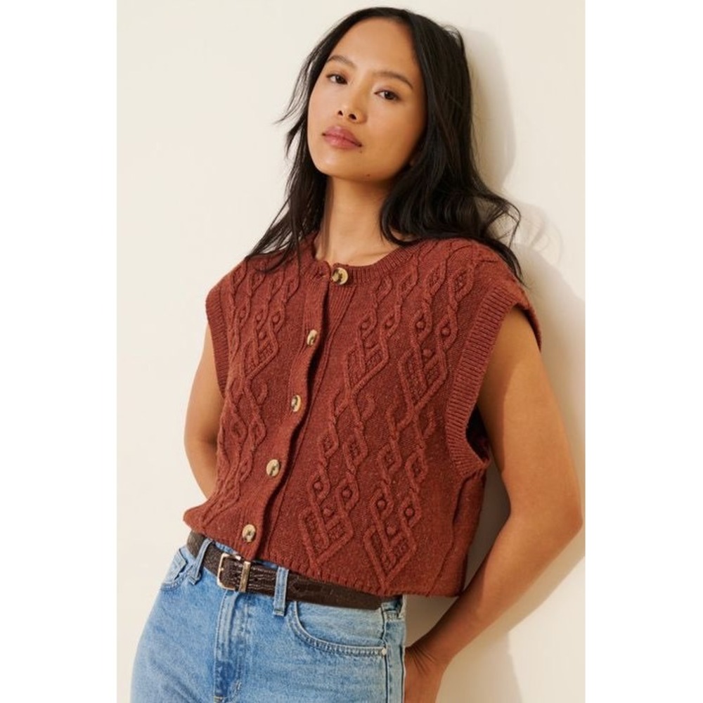 Anthropologie Cable Knit Sweater Vest Button Front Rust Brown XS Petite